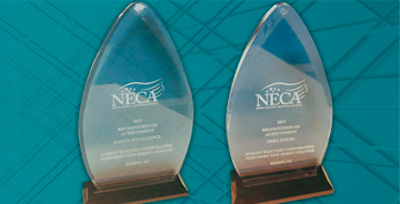 Close up of the two National Electrical Contractors Association (NECA) Safety Ambassadors Medals awarded to FENJ