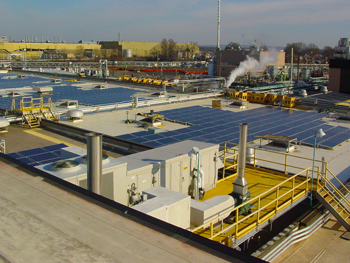 Aerial view of a sustainable energy solution on the rooftop of a client's facility